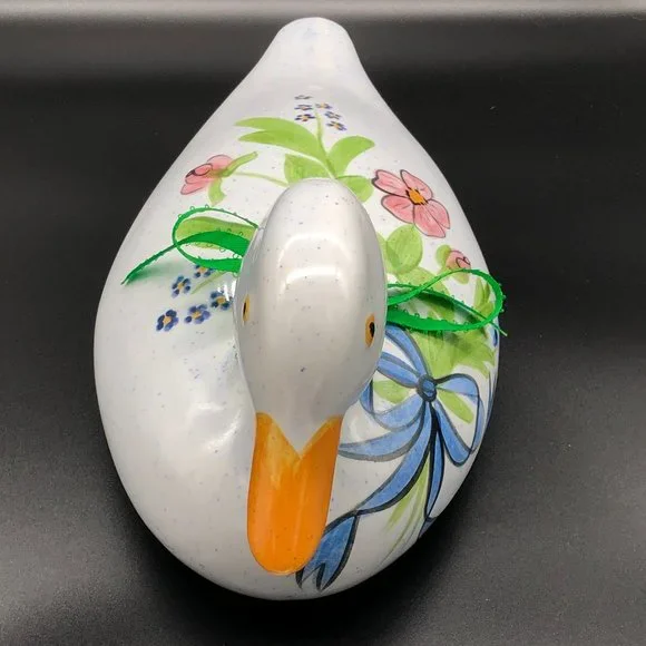 Vtg NS GUSTIN CO Handpainted Pottery Duck w Pink Cosmos and Blue Forget-Me-Nots - Picture 3 of 11